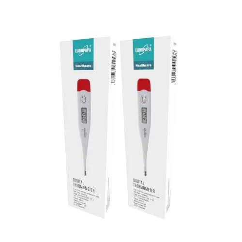EUROPAPA 2 Stück Digitales Fieberthermometer für Babys, Kinder und Erwachsene, Thermometer für oral, axillar oder rektal, wasserdicht mit Fieberalarm (Rot)