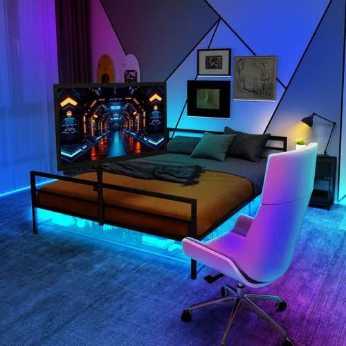 Odikalo Polsterbett Jugendbett mit LED und Aufbewahrung 90x200 Schwarz