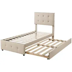 OKWISH Polsterbett Tagesbett 90x200 cm mit höhenverstellbarem Kopfteil (90 x 200 cm, In Beige-Leinen, mit integriertem Ausziehbett), Ohne Matratze – vielseitig als Einzel- oder Gästebett nutzbar beige