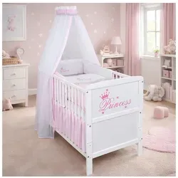 Baby-Delux Babybett Kinderbett Natalie Princess 140×70 Weiß - Gitterbett mit bezauberndem Princess-Motiv, 3 herausnehmbaren Schlupfsprossen und beidseitigen Beißschienen für sicheren Komfort. Ideal für kleine Prinzessinnen und wandelbar zum Juniorbett!