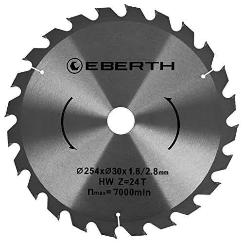 EBERTH Kreissägeblatt Sägeblatt Kreissäge Blatt aus Stahl mit Hartmetall-Zähnen für Holz-Schnitte (254mm Durchmesser, 30mm Bohrung, 1.8mm Blättstärke, 2.8mm Schnittbreite, 24 Zähne, RPM Max. 7000)