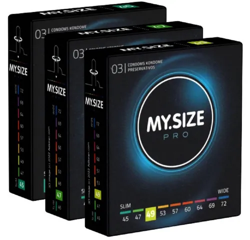 MY.SIZE Kondome PRO «Probierset XS» (45mm, 47mm, 49mm) 3 Packungen mit je 3 Maßkondomen, insgesamt, 9 St., Kondome zum Anprobieren und Austesten, die neue Generation MY.SIZE Kondome