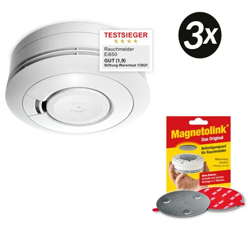 Ei Electronics Ei650 Rauchwarnmelder mit Magnetolink-Befestigungsset - Rauchmelder für mehr Sicherheit mit einfacher Montage ohne Bohren. Der Ei650 erkennt Brände frühzeitig und hat eine langlebige Batterie für 10 Jahre Betrieb.