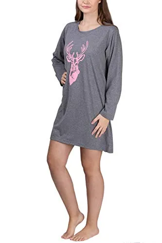 maluuna Damen Nachthemd Langarm mit Hirschmotiv aus 100% Baumwolle von Größe S - XL, Farbe:grau-Melange, Größe:S