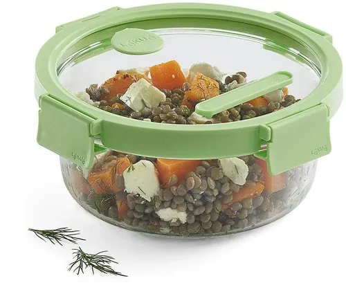 Lékué Hermetischer Glas-Lebensmittelbehälter Square Glass, rund, 950 ml, grün