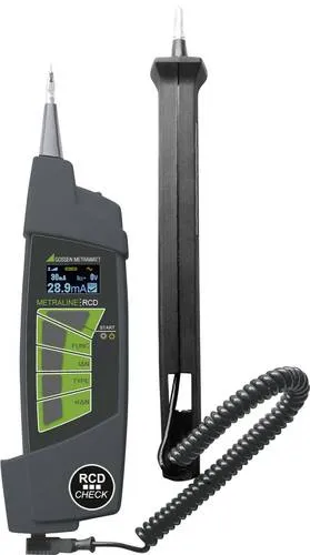 Gossen Metrawatt Metraline RCD/Check - RCD-Prüfgerät zur Überprüfung von FI-Schaltern, kompakt und robust für raue Einsätze. Mit digitaler Anzeige und beleuchtetem OLED-Display für optimale Sichtbarkeit.