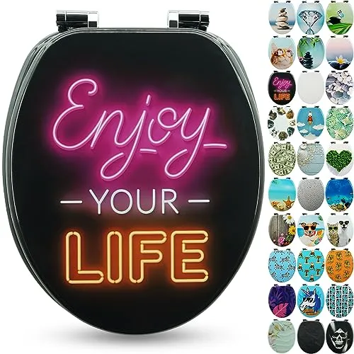 Sanfino WC-Sitz „Enjoy Life“ - Hochwertiger Toilettendeckel mit Absenkautomatik - Toilettendeckel aus hochwertigem Holzfaser mit Soft Close Funktion für geräuschloses Schließen, viele bunte Motive für ein individuelles Badezimmer und einfache Montage.