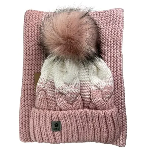 kennydoo Mütze & Schal Set achti I 2 teilig I Damen Kombi - Beanie mit großem Bommel und Loop I kuschelig gestrickt (altrosa/weiß)