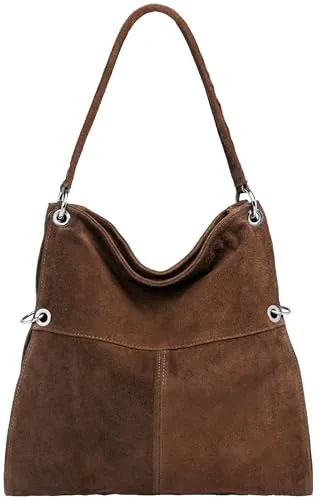 Caspar Vintage Leder Schultertasche Damen - Modell No.805 aus weichem Wildleder - Stilvolle Damen Handtasche im Vintage Design aus hochwertigem Wildleder. Geräumig und praktisch für A4-Unterlagen, vielseitig tragbar als Schulter- oder Umhängetasche. Verstellbarer Schultergurt bis 1.20m für optimalen Tragekomfort.