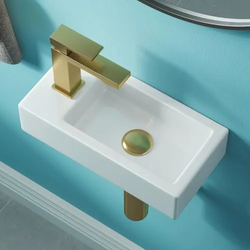 Waschbecken Klein Gäste WC Mini Handwaschbecken mit Hahnloch Links/Rechts | Hängewaschbecken aus Keramik 37 x 18.5 x 9 cm, kleiner waschtisch Eck
