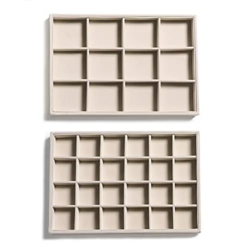 Frebeauty Stapelbare Samt-Schmuck-Organizer-Ablagen für Schubladen Einsätze Schmuckaufbewahrung Vitrinen Ohrstecker Armbänder Halsketten Ringe Zubehör Tabletts für Frauen und Mädchen (2er-Set,Beige)