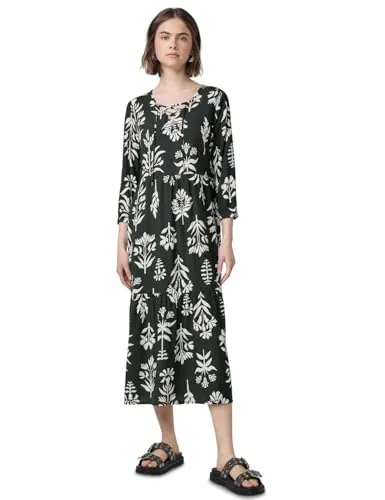 Street One Studio Damen F144451 Volant Kleid - Desert Pine Green, Größe 42 - Freizeitkleid mit V-Ausschnitt und Schürdetail, 3/4-Arm, florales Muster aus weicher Viskose für ein angenehmes Tragegefühl.