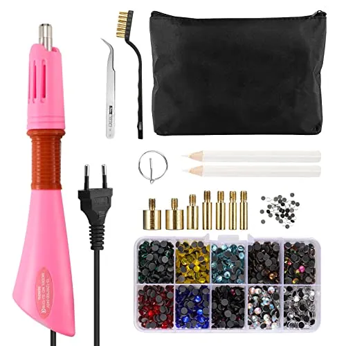 SUNJULY Hotfix Applikator, Strassstein Applikator Werkzeug Hotfix Strass Applikator, Crystal Gem Strass Diamantes Perlennieten Kuppeln mit 7 Spitzen Integrierter EIN/AUS-Schalter