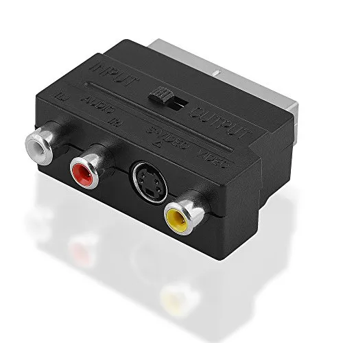 BestPlug Audio Video Adapter mit Schalter, 1 Scart-Stecker auf 3 Cinch-Buchse 1 S-VHS Buchse, Schwarz