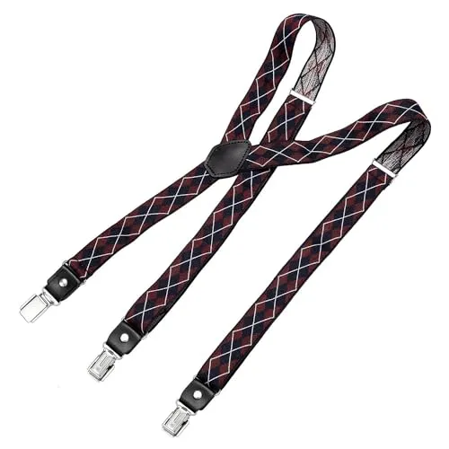 DonDon Hosenträger Herren kariert blau rot weiß schmal 2,5 cm - Extra starke Clips für Anzug - Hosenträger Herren extra stark - Ideal für Männer oder Damen Rockabilly Suspenders