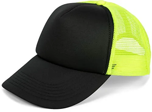 styleBREAKER Unisex 5-Panel Trucker Cap mit Mesh-Einsatz | verstellbares Basecap mit Click Snap Verschluss | luftiges Netz Cap für Damen und Herren, Farbe:Schwarz-Neongelb
