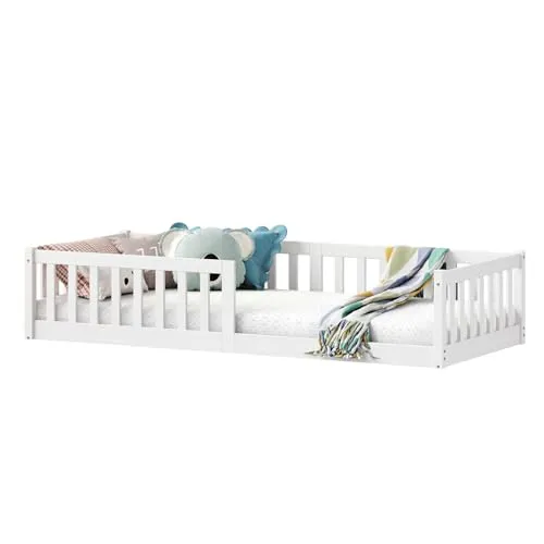 IDIMEX Kinderbett GUSTAVO - Bodenbett mit Rausfallschutz - Montessori Kinderbett aus massivem Kiefernholz, ideal für sicheres Schlafen und Spielen, weiß lackiert für ein modernes Kinderzimmer.
