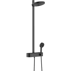 hansgrohe Pulsify S Showerpipe 260 2jet EcoSmart - Brausegarnitur mit ShowerTablet Select 400, 2 Strahlarten und EcoSmart Technologie für Wasserspareffizienz. Modernes Design in schwarz matt, ideal für stilvolle Badezimmer.