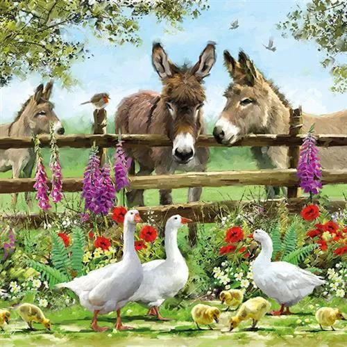Servietten Meeting Point Tiere Esel Gans Küken Sommer Tischdeko 33x33cm 20