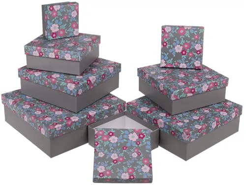 Graue Geschenkkartonage, Frühlingsblumen, ca. 22,5 x 22,5 x 8 cm, 8er Set, einzelne EAN-Auszeichnung