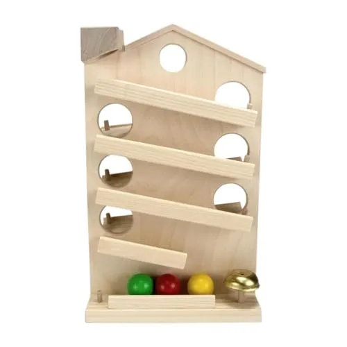 Kugelbahn aus Holz Haus Natur mit Glocke und DREI großen Kugeln - 6170