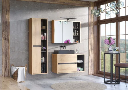Badmöbel Set 4-tlg MARINA inkl. Waschtisch 60 cm - Badmöbelsets für Erwachsene, modernes Design mit Hängeschrank, Waschbeckenunterschrank, Spiegelschrank mit LED und Aufsatzwaschtisch - ideal für stilvolle Badezimmer.