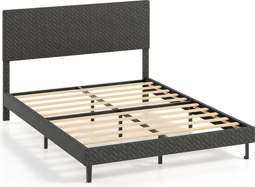 COSTWAY Polsterbett mit höhenverstellbarem Kopfteil in Grau Samt 160 x 200 cm