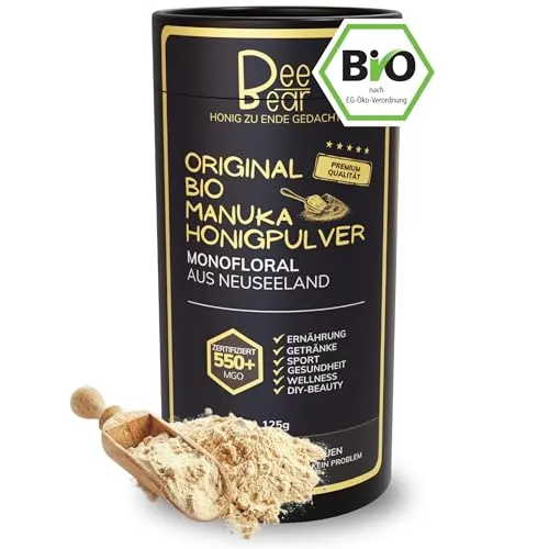 BeeBear Premium Bio Manuka Honig Pulver - Manuka Honig Pulver aus Neuseeland – ein vielseitiges Superfood für kreative Köche! Ideal für Smoothies, Joghurt und mehr. Nachhaltig verpackt und mehrfach bio-zertifiziert.