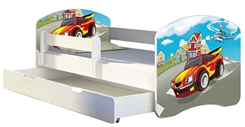Kinderbett Jugendbett mit einer Schublade und Matratze Weiß ACMA II 140 160 180 40 Design (160x80 cm + Bettkasten, 03 Racing Car)