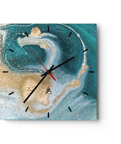 Wanduhr - Quadrat - Glasuhr - Golden Türkis Hintergrund - 40x40cm - Schleichendes Uhrwerk - Lautlos - zum Aufhängen bereit - Dekoration Modern - Wanddekoration aus Glas - C3AC40x40-4969