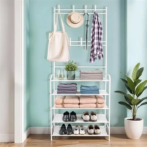 5-stöckiger Garderobenständer Weiß mit Schuhregalen - Wand-, Türgarderoben & Haken, praktischer 5-stöckiger Garderobenständer mit integriertem Schuhregal für optimalen Stauraum und Ordnung in Ihrem Flur.