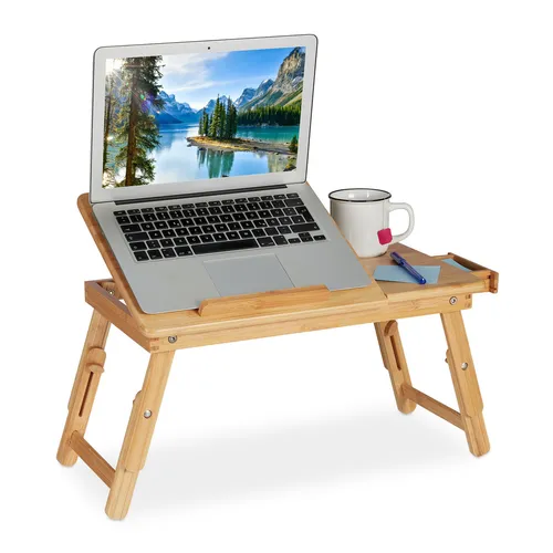 Laptoptisch Bett-Schreibtisch Klapptisch für Laptop - Schreibtisch & Computermöbel, neigungsverstellbar und ideal für bequemes Arbeiten oder Frühstück im Bett, aus leichtem Bambus gefertigt.