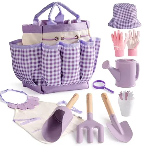 ROBUD Kinder-Gartenset, 18-teiliges Gartenset für Kinder mit Kinder-Gießkanne, Schürze, Gartengabel und -Schaufel, Zylinderschaufel, Gartenhandschuhen, Outdoor-Gartenspielzeug für Kleinkinder, lila