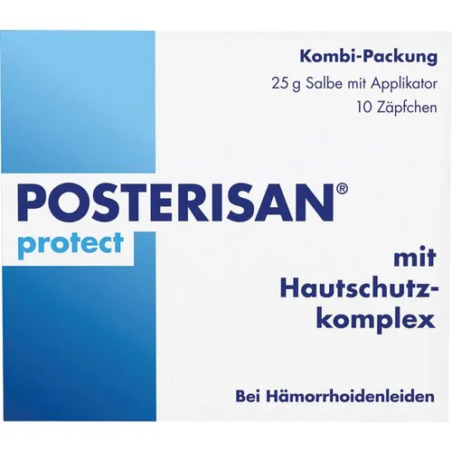 Posterisan protect Kombipackung - Doppelpack mit Hämorrhoidensalbe und Zäpfchen zur Linderung leichter Beschwerden im Analbereich. Die Kombination pflegt und schützt die Schleimhaut mit hochwertigen Inhaltsstoffen.