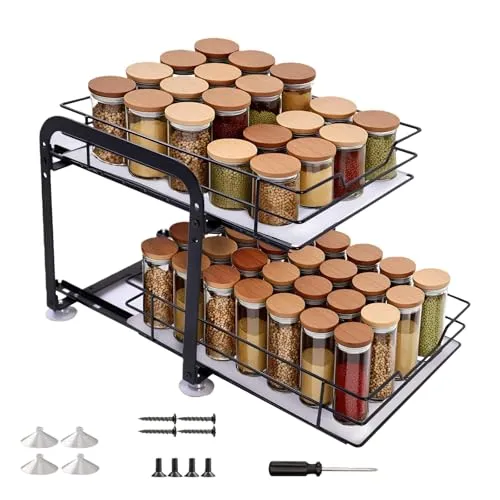 AmoreTempo Gewürzregal Ausziehbar 2-stöckig Gewürzregal Schublade Stehend Höhenverstellbar Gewürz Organizer mit PVC-Einlage & Saugnapf Schrank Organizer für Küche, Stehend, Rutschfest (28x24x23cm)