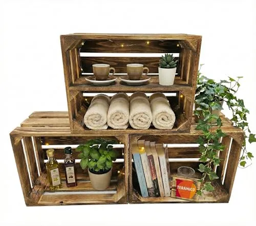 Holzkisten Obstkisten 3er Set - Geflammt - Regale & Aufbewahrung - Stapelbare, schwerlastfähige Kisten aus Holz für vielseitige Nutzung, ideal zur Aufbewahrung von Obst oder Weinflaschen im Landhausstil.