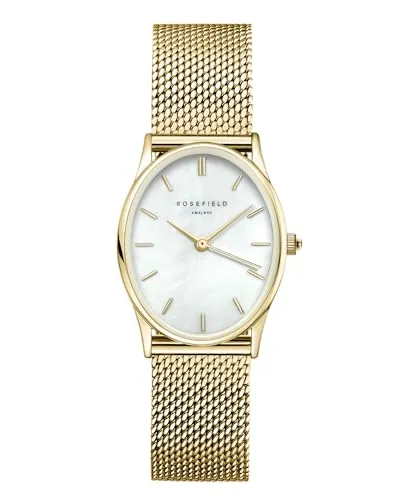 ROSEFIELD Quarzuhr The Oval Damenuhr 24mm - Elegante Armbanduhr für Damen mit perlmuttfarbenem Zifferblatt und goldfarbenem Edelstahlarmband, wasserdicht bis 3 ATM – der perfekte Begleiter für jeden Anlass.