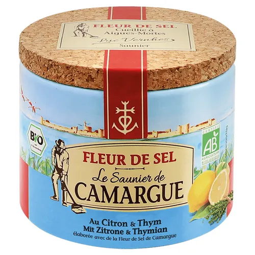 Le Saunier de Camargue Fleur De-Sel Zitrone Thymian in 125 g Dose, Premium Meersalz aus Süd-Frankreich, Ideal als Finishing von Speisen und zum Verfeinern von Gerichten