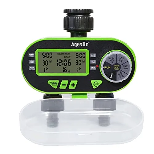 Aqualin Bewässerungscomputer mit Zwei unabhängige Ausgänge Bewässerungsuhr Mit Regenverzögerung/Automatische Zeitschaltuhr Wasserdicht Wasser Computer für Garten Gewächshaus,Grün