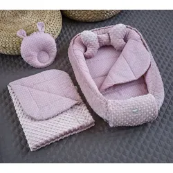 Mini PUNKTE Rosa/ MINKY ROSA Babynestchen Unterlage 5 Tlg SET Babynest Wicleklunterlage Reisebett Babydecke Babyausstattung 4 Jarhreszeiten Geschenk