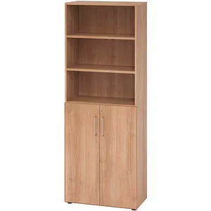 Hammerbacher Regal 6OH mit Türen 3OH - Büroschrank in Nussbaum, abschließbar mit 110° Öffnungswinkel, ideal für sicheren Stauraum im Büro