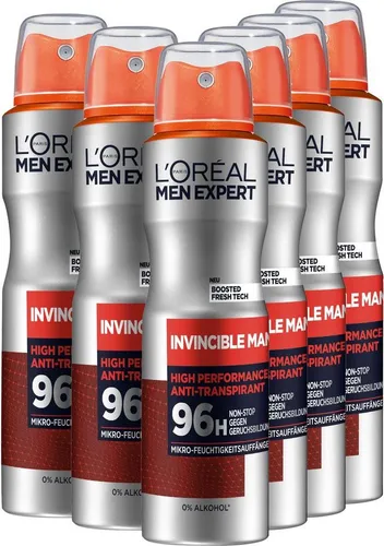 L'ORÉAL PARIS MEN EXPERT Deo-Spray Invincible Man 96h, 6-tlg. - Deospray für Männer mit 96h Schutz gegen Schweiß und Körpergeruch, ideal auch für empfindliche Haut und mit maskulinem Duft.