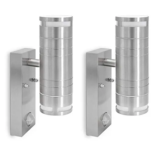 SSC-LUXon LED Edelstahl Wandleuchte mit Bewegungsmelder - 2 Stück - 2er Set LED Außenwandleuchten mit Bewegungs- und Dämmerungssensor, IP44 für optimalen Wetterschutz. Ideal für Hauswandbeleuchtung und Eingangsbereiche, inklusive 4x GU10 Leuchtmitteln.