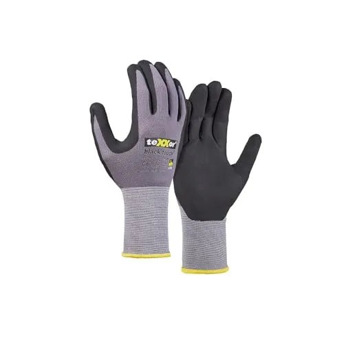 texxor 12 Stück Nylon-Strickhandschuhe black touch® 2450, Packung, grau-schwarz, 9/L