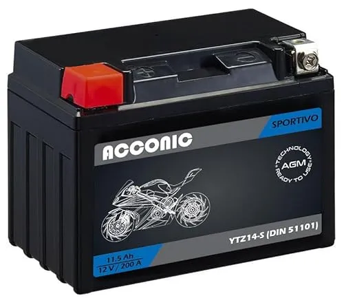 Acconic Sportivo AGM YTZ14-S, YTZ14S, YT12A-BS, YT12A. Motorradbatterie 12V 11,5Ah 200A DIN 51101 Maße: 150x86x111mm. Mit bis zu 30% mehr Startleistung.