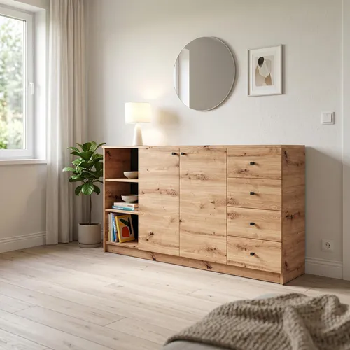 Masseno Kommode NATURIO 160 cm – Elegantes Sideboard mit 4 Schubladen und 3 Türen