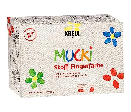 Kreul Fingerfarbe Mucki 28420 - Stoff-Fingerfarbe in 6 leuchtkräftigen Farben, ideal für kreative Projekte mit Kindern. Waschbeständig bis 40 °C, dermatologisch getestet und vegan – perfekt für sichere und spaßige Bastelstunden!
