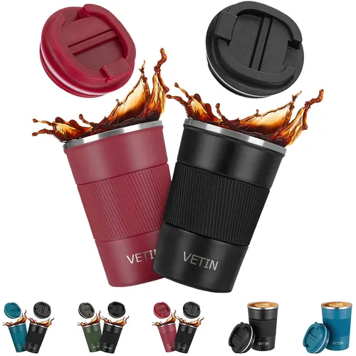 Kaffeebecher To Go Thermo 380 ml Schwarz & Rot Edelstahl 2 Stück