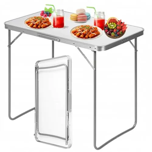 KRUMAD Klappbarer Campingtisch 70x50 cm - Wetterfester Picknicktisch aus Aluminium, stabil und tragbar mit praktischem Griff, ideal für Garten, Balkon oder Camping, platzsparend und leicht zu transportieren.