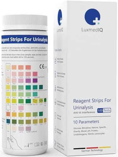 LuxmedIQ Urin Teststreifen 100x - 10 Parameter Gesundheitstest - Tests für Urintraktinfektionen, schnelle Ergebnisse in 60 Sekunden, erkennt Harnwegsinfektionen und Nierenprobleme, hohe Zuverlässigkeit durch reduzierte Vitamin-C-Interferenzen.